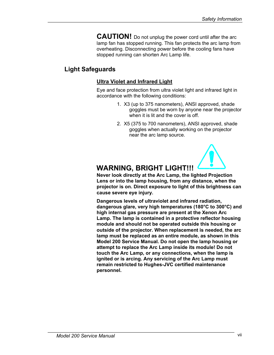 Light safeguards, Caution, Warning, bright light | JVC Model 200 User Manual | Page 7 / 140