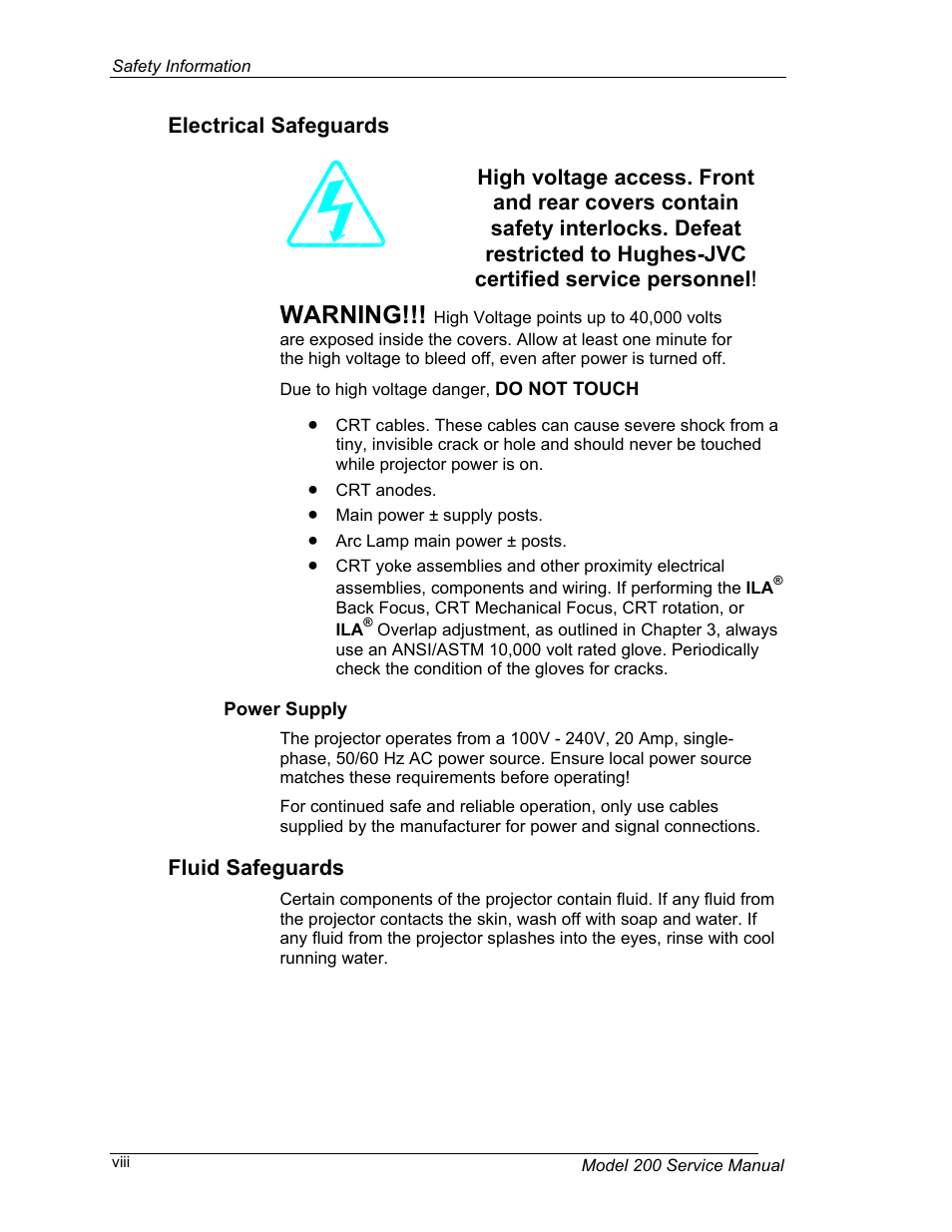Electrical safeguards, Power supply, Fluid safeguards | Warning | JVC Model 200 User Manual | Page 8 / 140