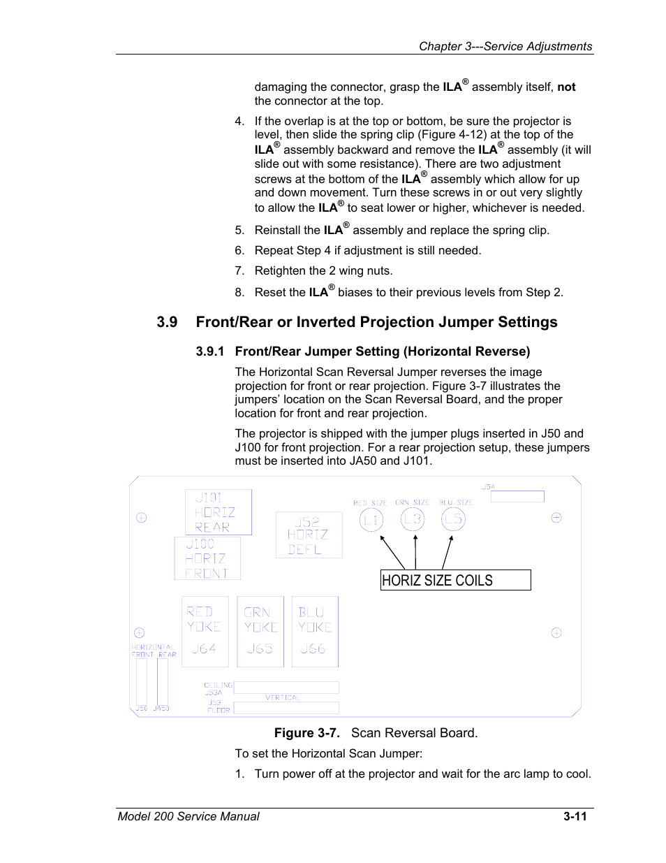 9front/rear or inverted projection jumper settings, 1front/rear jumper setting (horizontal reverse), Horiz size coils | JVC Model 200 User Manual | Page 90 / 140