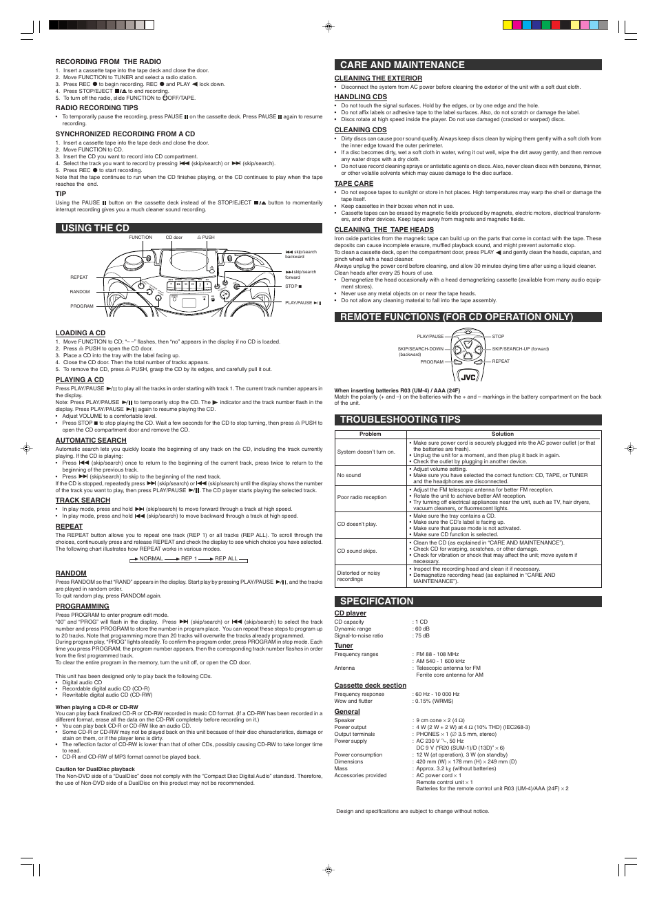 Care and maintenance, Remote functions (for cd operation only), Troubleshooting tips specification | Uusing the cd | JVC RC-EX16A User Manual | Page 2 / 2