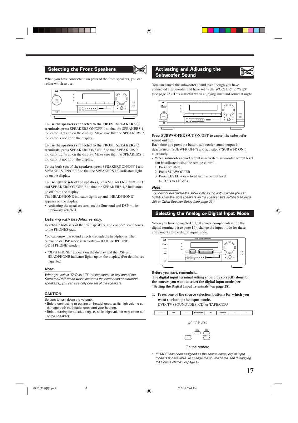 Activating and adjusting the subwoofer sound, Selecting the front speakers, Selecting the analog or digital input mode | JVC LVT1007-010A[A] User Manual | Page 19 / 53