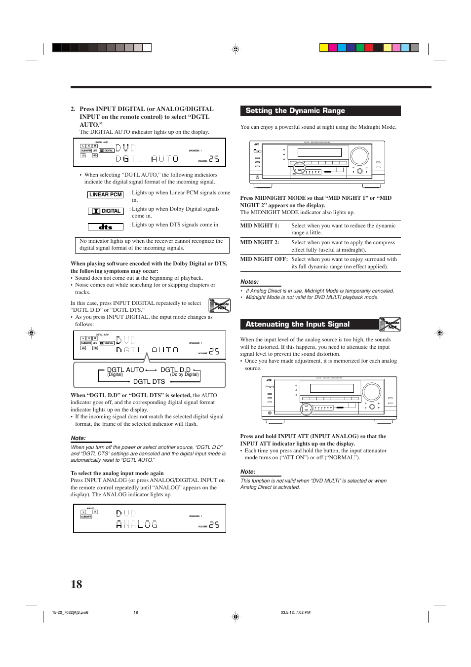 Setting the dynamic range, Attenuating the input signal, Dgtl auto dgtl d.d dgtl dts | JVC LVT1007-010A[A] User Manual | Page 20 / 53