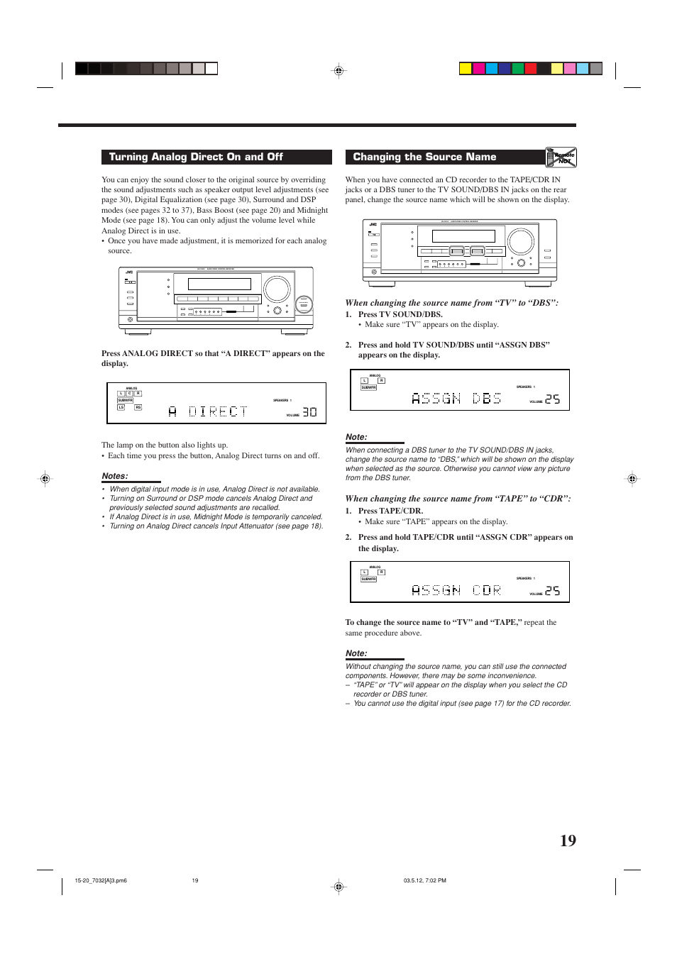Turning analog direct on and off, Changing the source name, Analog direct | When changing the source name from “tv” to “dbs, When changing the source name from “tape” to “cdr | JVC LVT1007-010A[A] User Manual | Page 21 / 53
