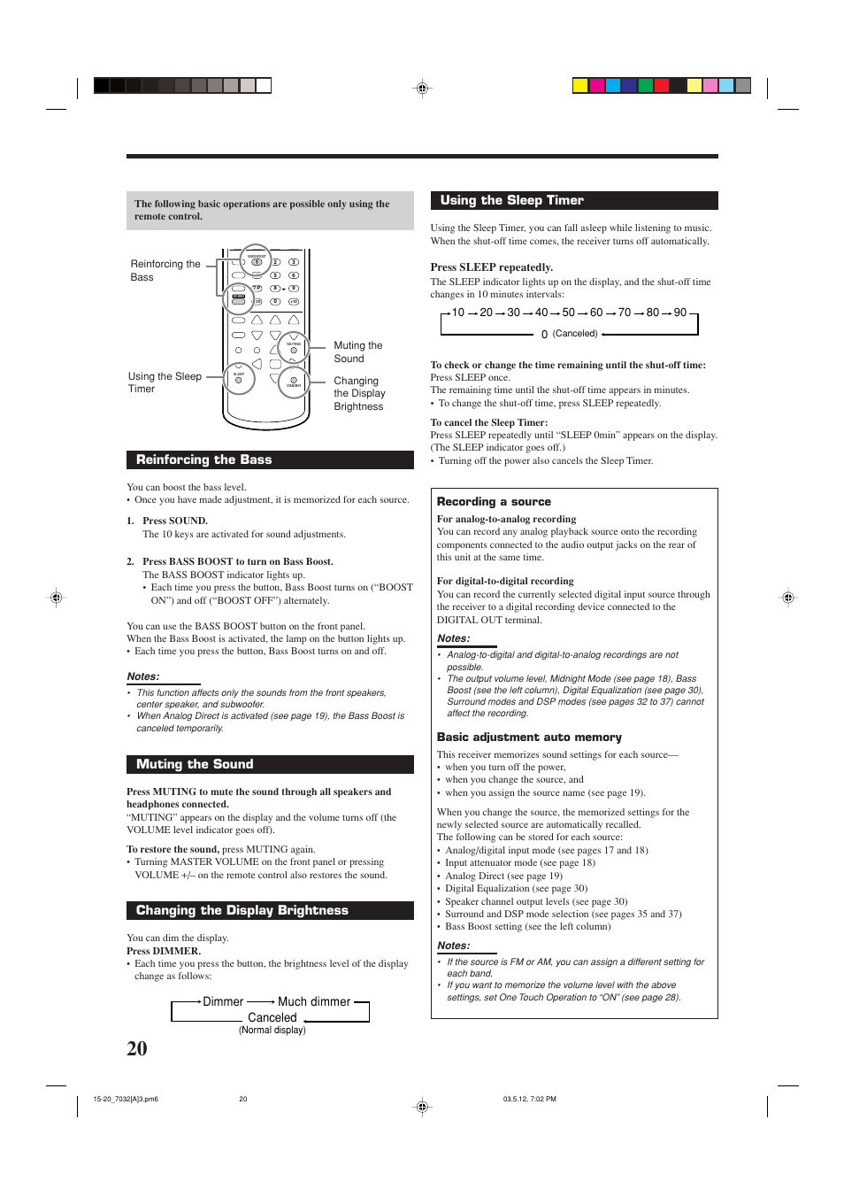 Reinforcing the bass, Muting the sound, Changing the display brightness | Using the sleep timer, Dimmer much dimmer canceled | JVC LVT1007-010A[A] User Manual | Page 22 / 53