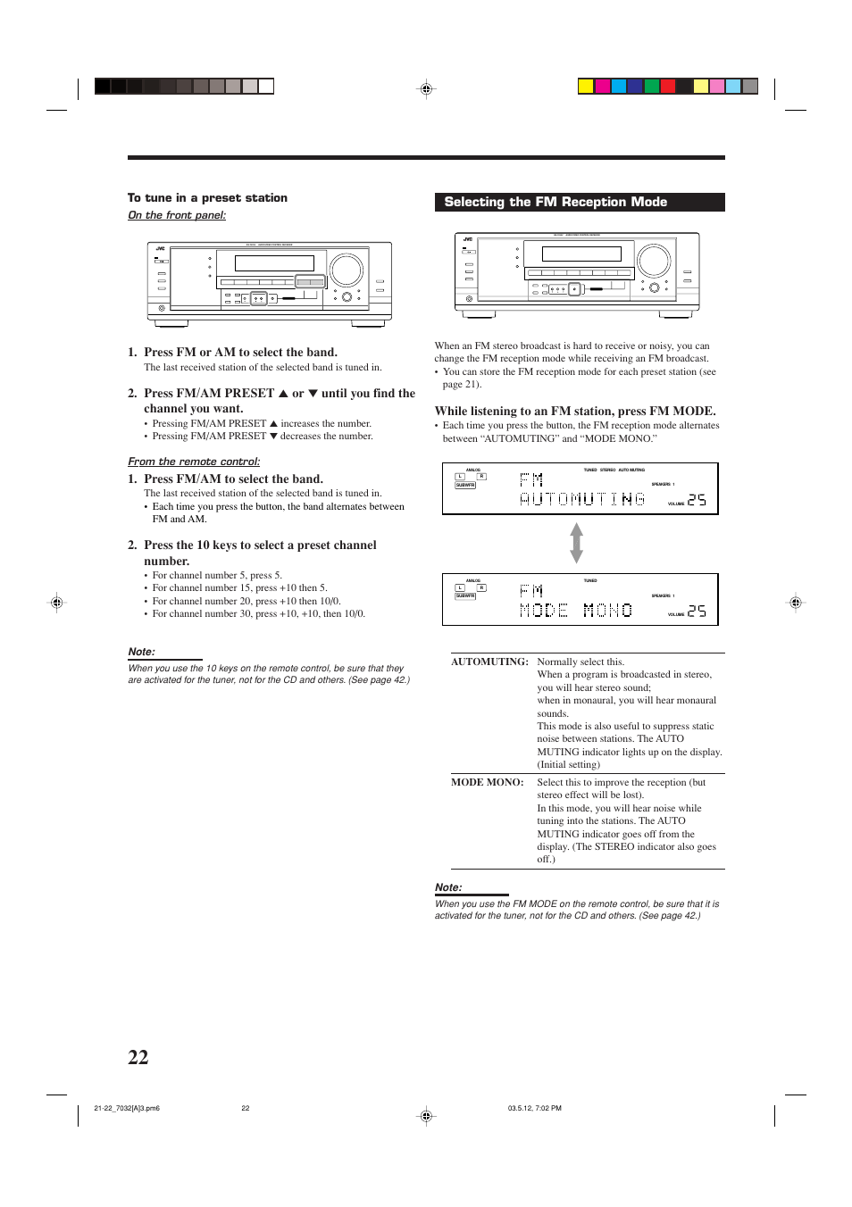 Press fm or am to select the band, Press fm/am to select the band, Selecting the fm reception mode | While listening to an fm station, press fm mode | JVC LVT1007-010A[A] User Manual | Page 24 / 53