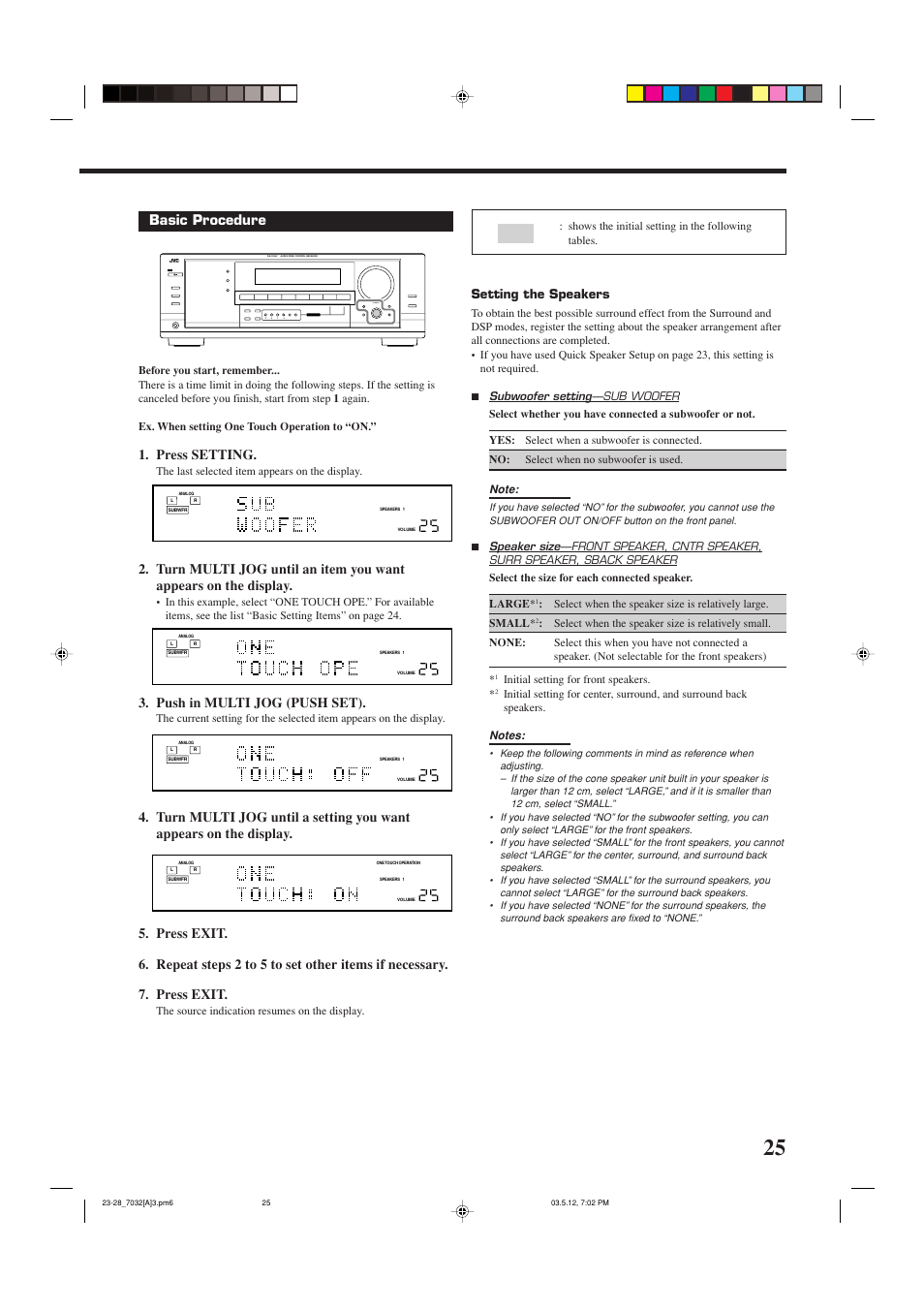 Basic procedure, Press setting, Push in multi jog (push set) | Setting the speakers | JVC LVT1007-010A[A] User Manual | Page 27 / 53