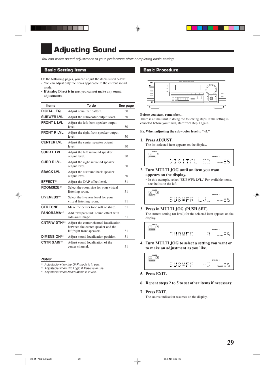 Adjusting sound, Basic setting items, Basic procedure | Press adjust, Press in multi jog (push set) | JVC LVT1007-010A[A] User Manual | Page 31 / 53