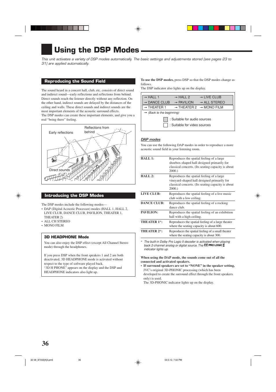 Using the dsp modes | JVC LVT1007-010A[A] User Manual | Page 38 / 53