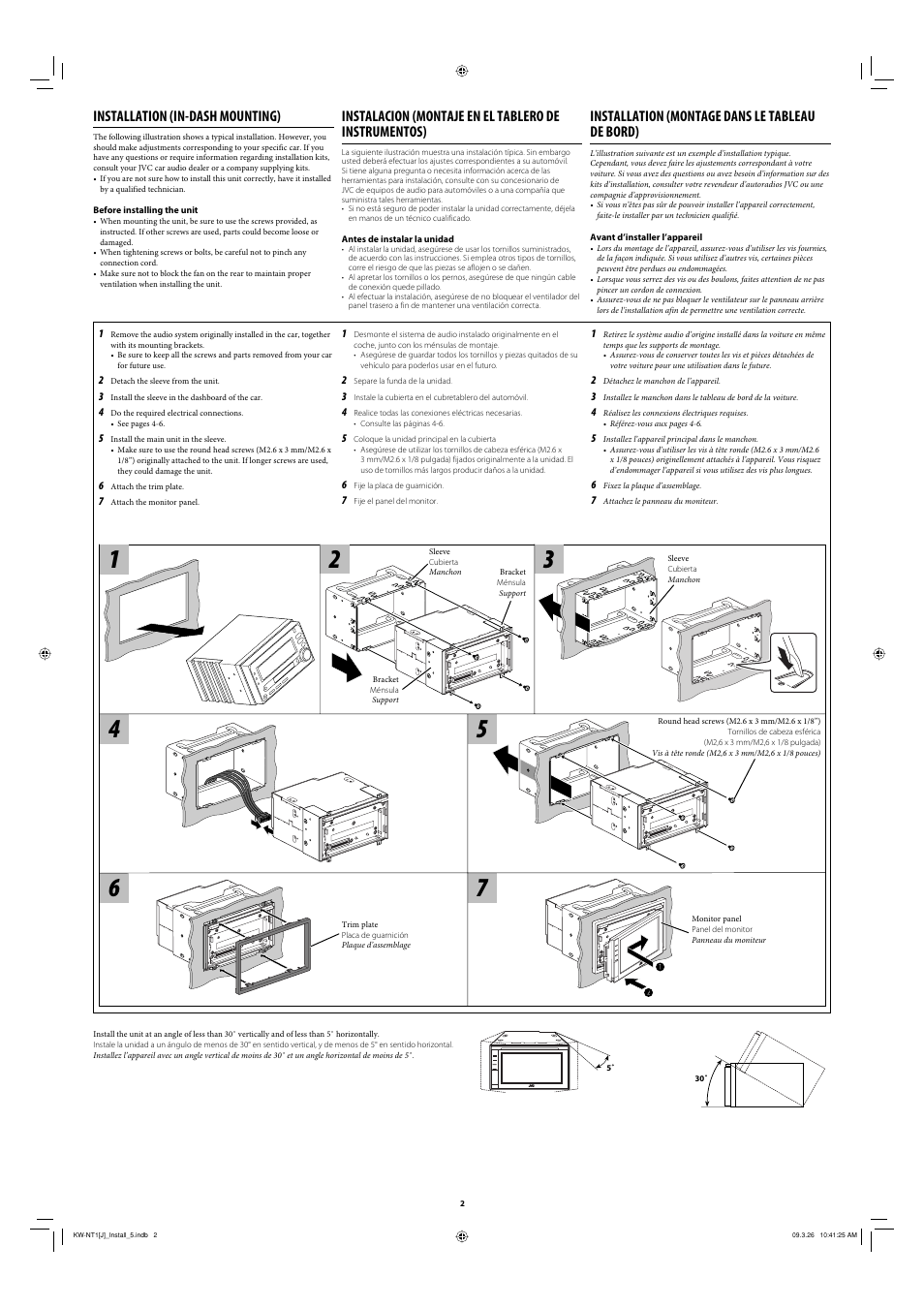 Installation (in-dash mounting), Installation (montage dans le tableau de bord) | JVC LVT1982-002A User Manual | Page 2 / 6