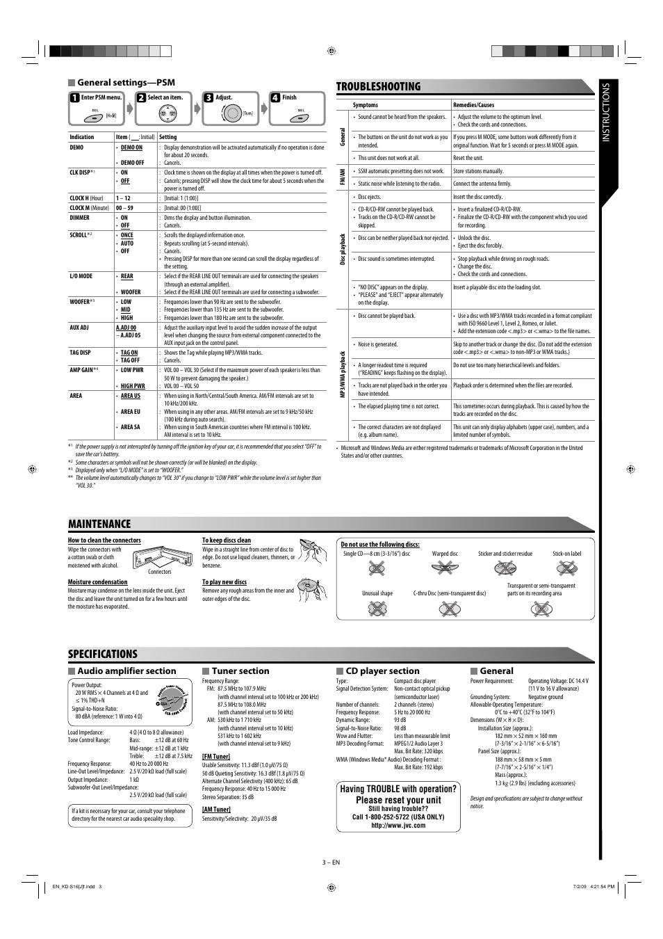 Troubleshooting, Specifications, Maintenance | General, General settings—psm | JVC GET0641-001A User Manual | Page 3 / 4