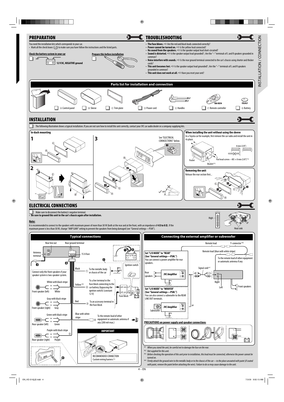 Preparation, Installation, Troubleshooting | Electrical connections, Installation / connection | JVC GET0641-001A User Manual | Page 4 / 4