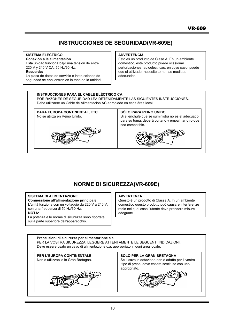 Instrucciones de seguridad(vr-609e), Norme di sicurezza(vr-609e), Vr-609 | JVC VR-609 User Manual | Page 10 / 102