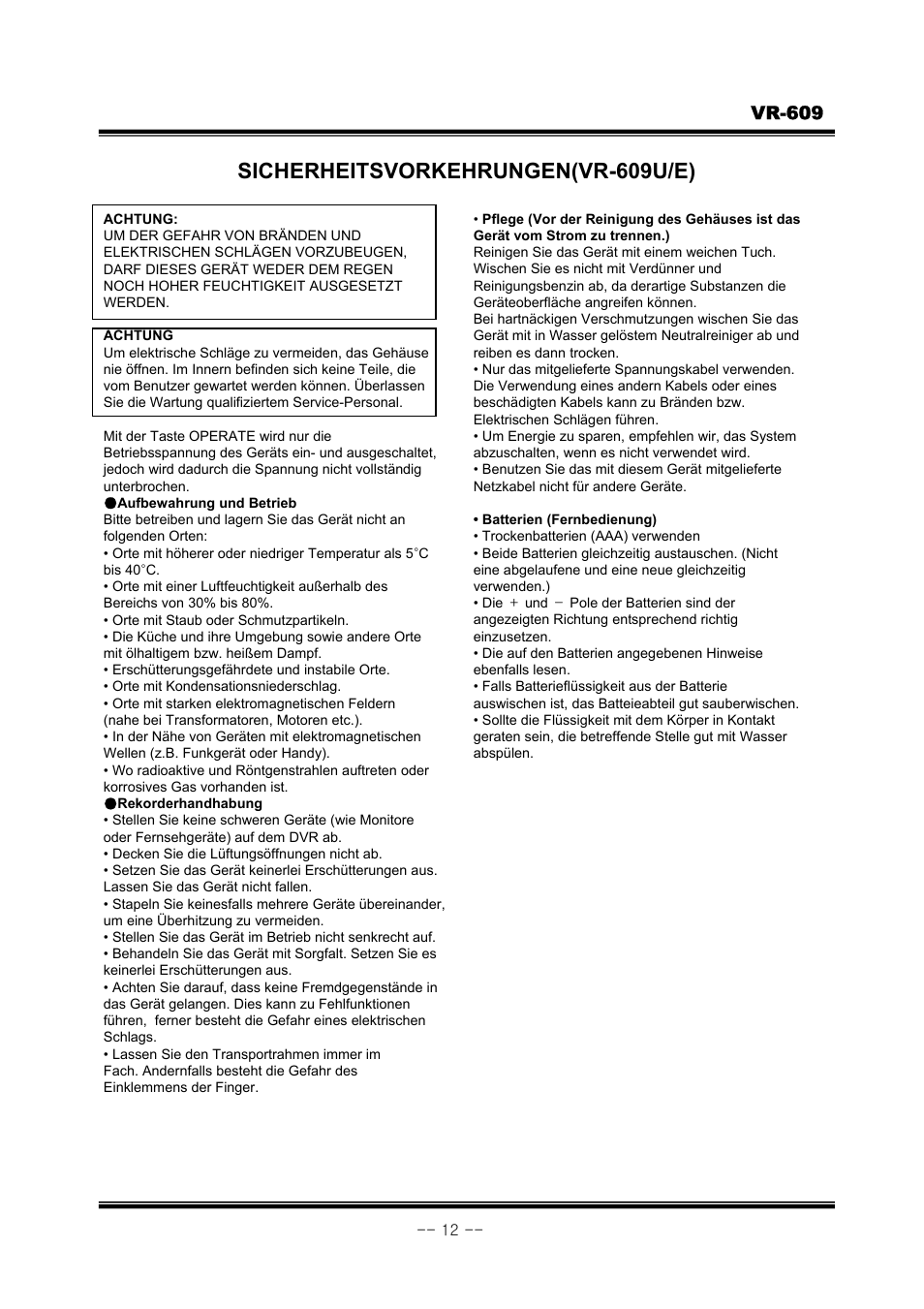 Sicherheitsvorkehrungen(vr-609u/e), Vr-609 | JVC VR-609 User Manual | Page 12 / 102