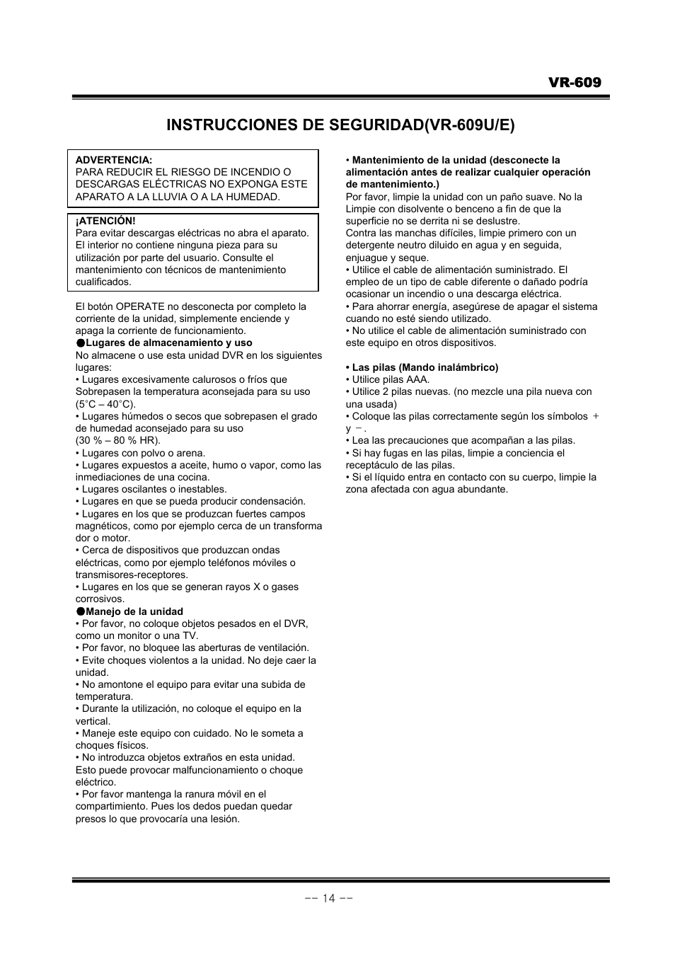 Instrucciones de seguridad(vr-609u/e), Vr-609 | JVC VR-609 User Manual | Page 14 / 102