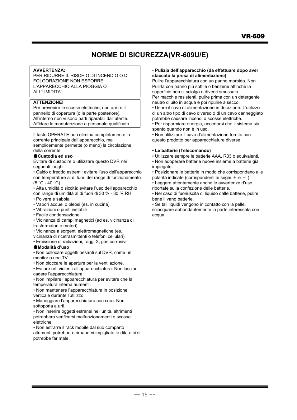 Norme di sicurezza(vr-609u/e), Vr-609 | JVC VR-609 User Manual | Page 15 / 102