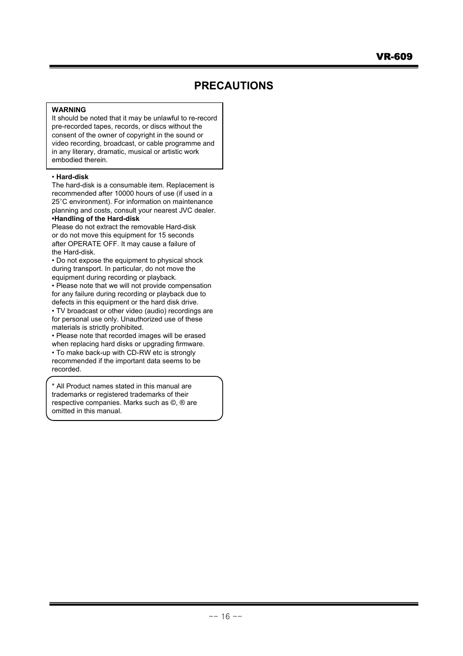 Precautions | JVC VR-609 User Manual | Page 16 / 102