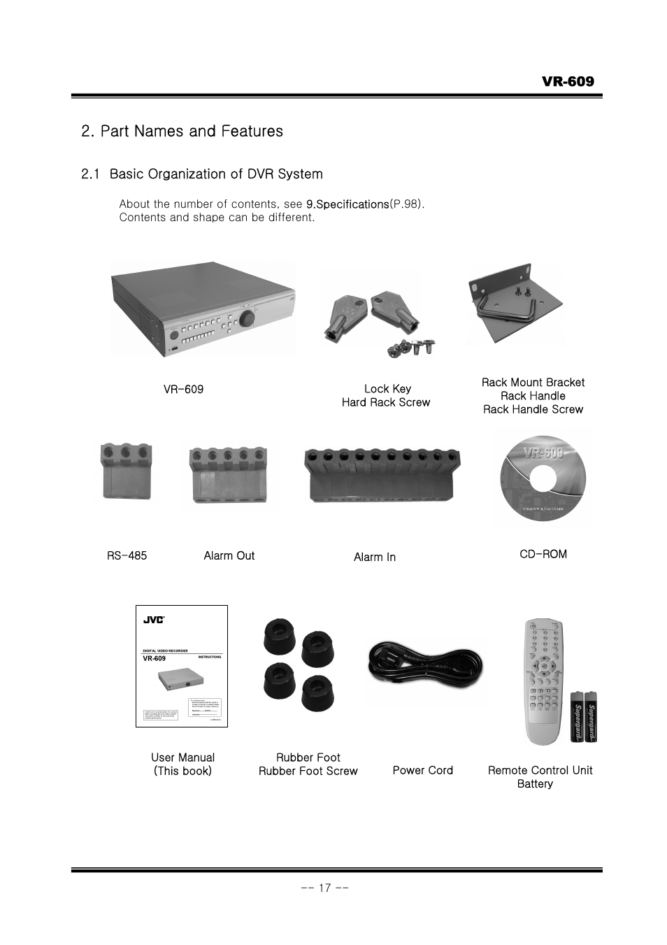Part names and features | JVC VR-609 User Manual | Page 17 / 102