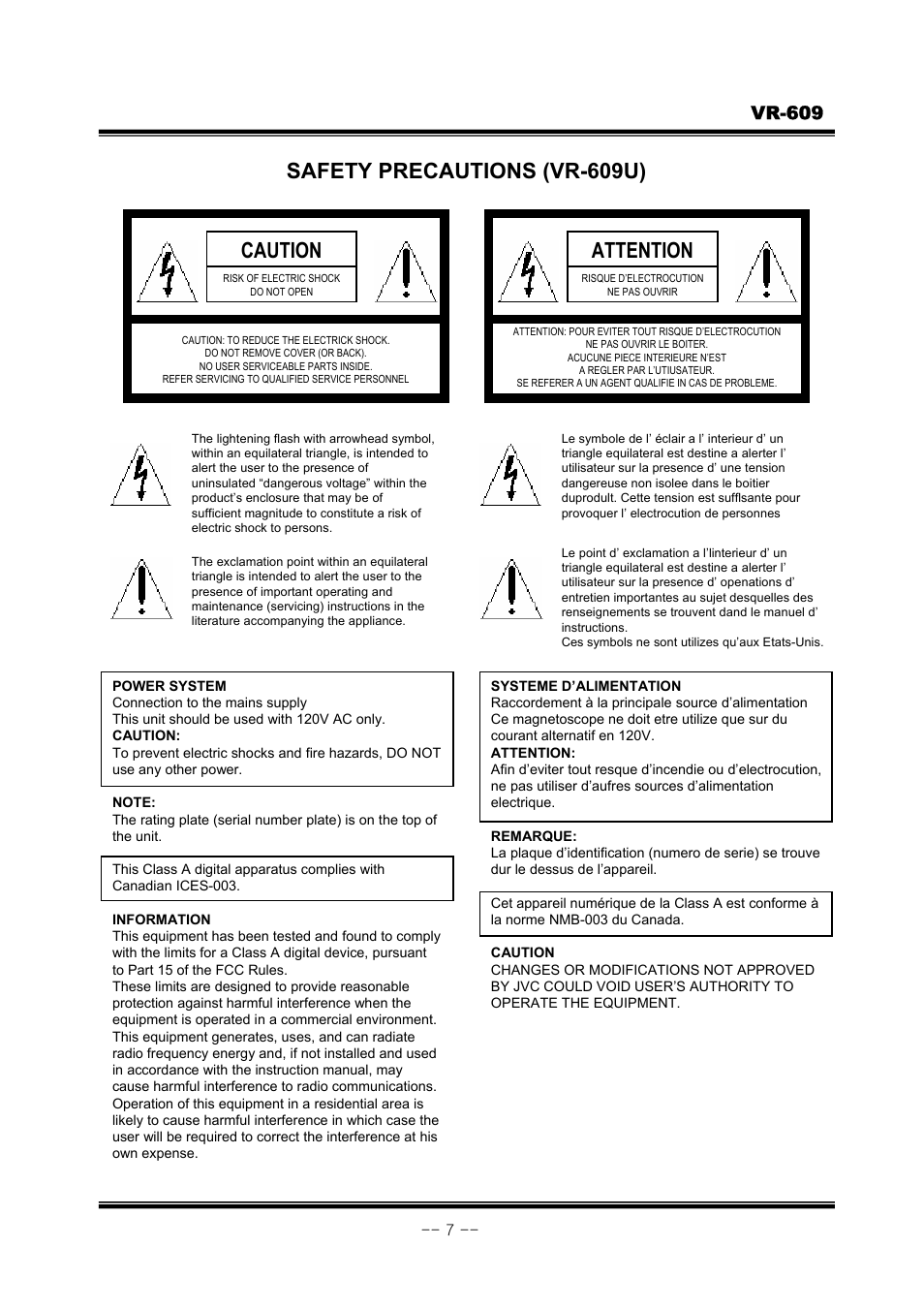 Safety precautions (vr-609u), Caution, Attention | Vr-609 | JVC VR-609 User Manual | Page 7 / 102