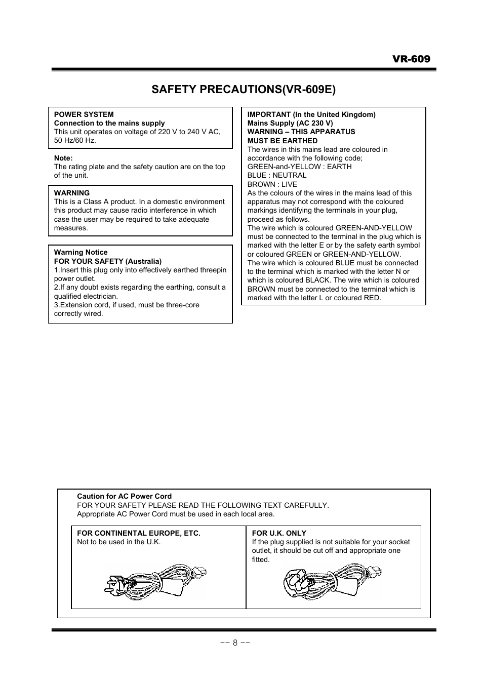 Safety precautions(vr-609e), Vr-609 | JVC VR-609 User Manual | Page 8 / 102