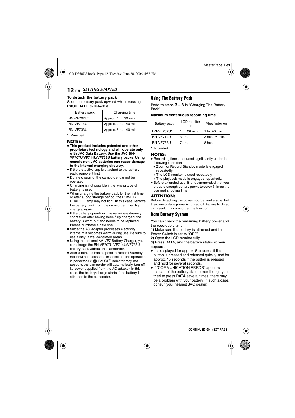 Using the battery pack, Data battery system, Pg. 12) | Mount (੬ pg. 12), Getting started | JVC GR-D350U User Manual | Page 12 / 88