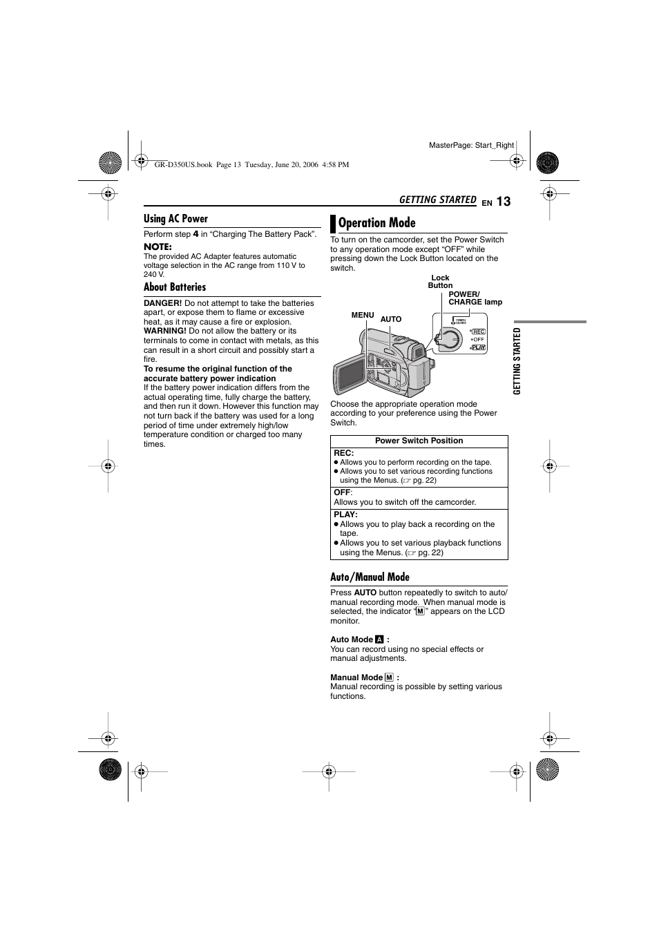 Using ac power, About batteries, Operation mode | Auto/manual mode, Utton, Pg. 13), K button | JVC GR-D350U User Manual | Page 13 / 88