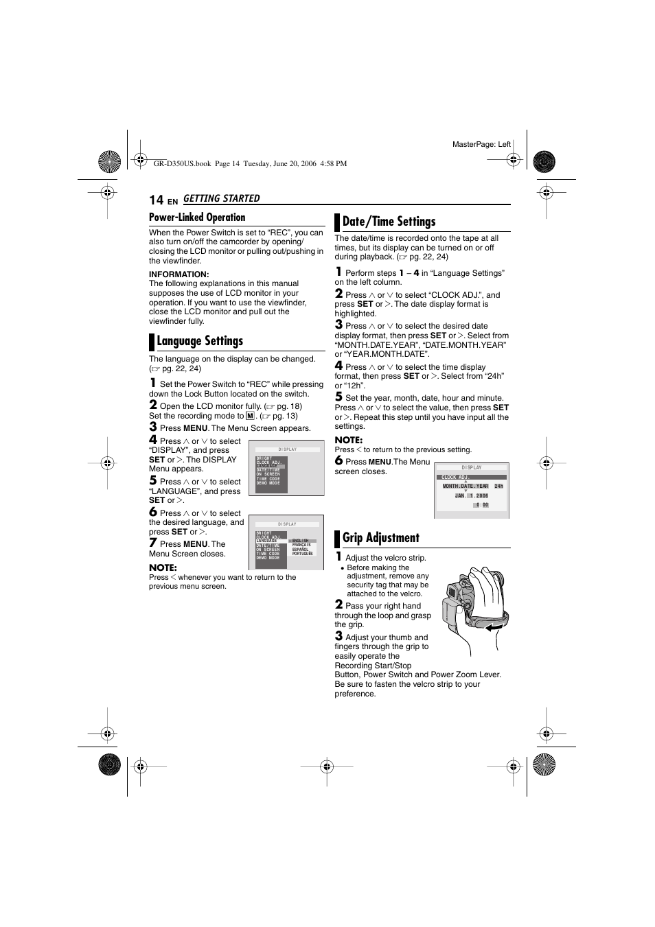 Power-linked operation, Language settings, Date/time settings | Grip adjustment, 14 date/time settings, 14 grip adjustment, Pg. 14), Set button [set, Right button, Ap (੬ pg. 14) | JVC GR-D350U User Manual | Page 14 / 88