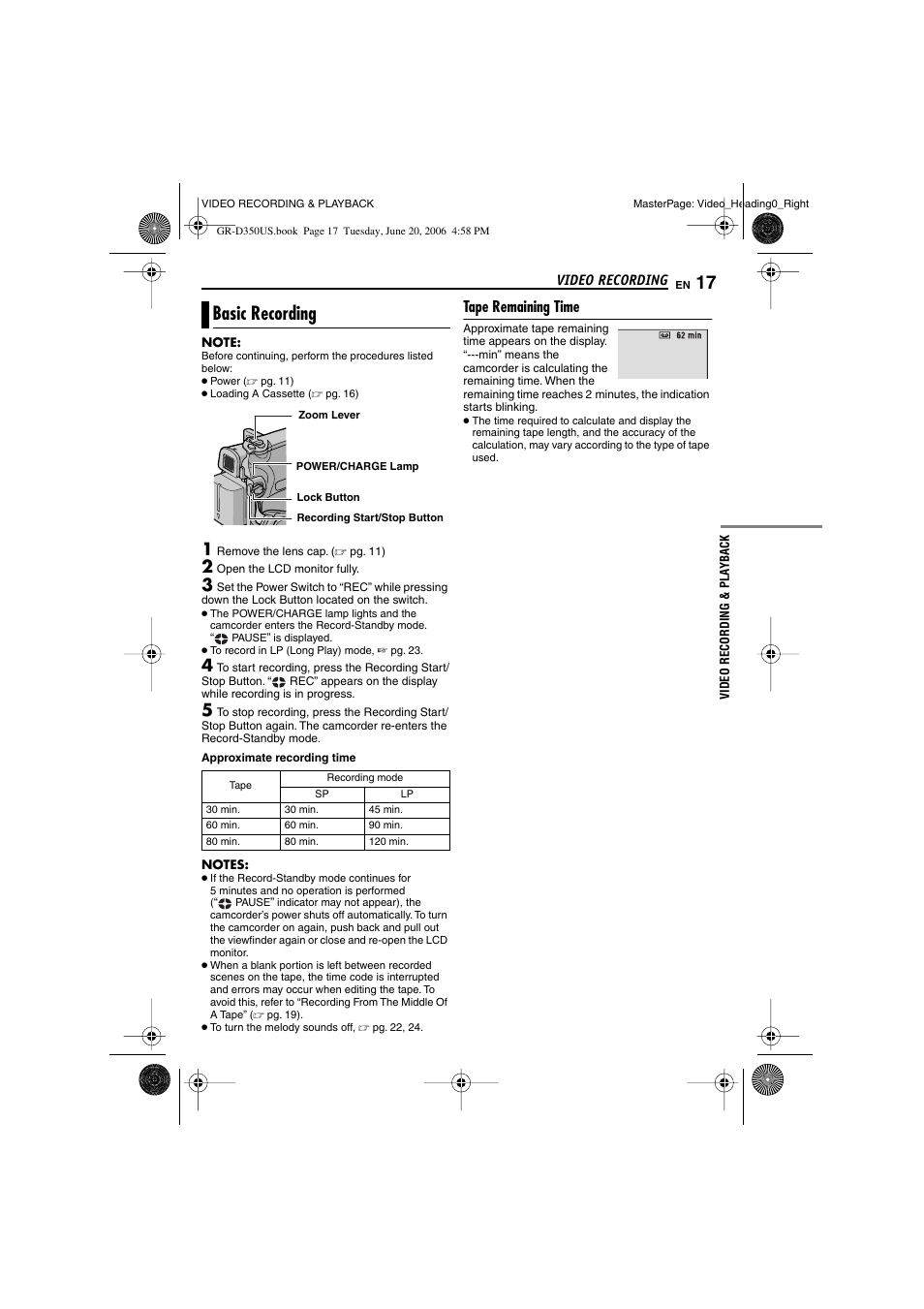 Video recording, Basic recording, Tape remaining time | Video recording & playback, T/stop button, Pg. 17), Ape running indicator, Time, Ing recording.) | JVC GR-D350U User Manual | Page 17 / 88