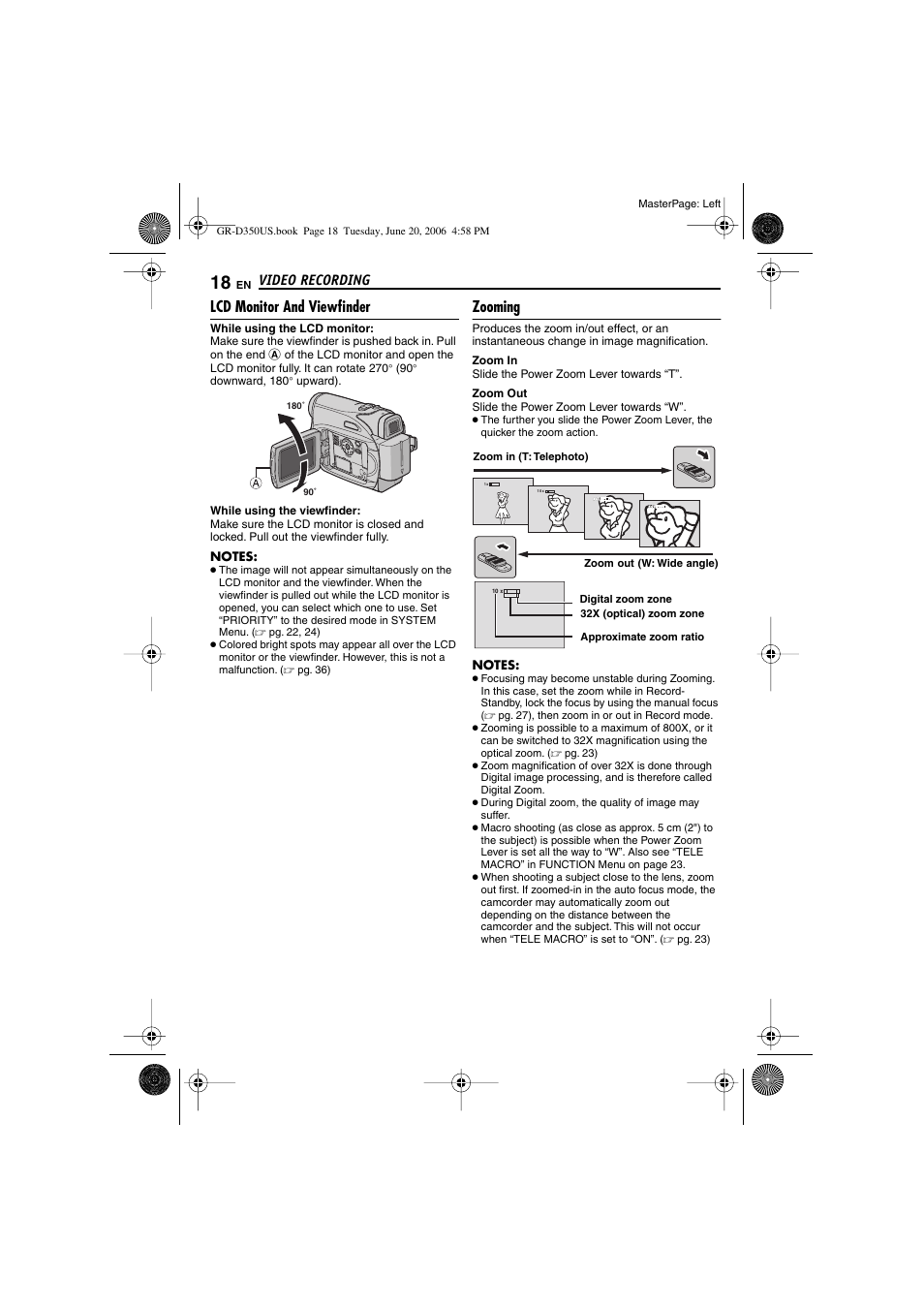 Lcd monitor and viewfinder, Zooming, 18 zooming | Er [t/w, Pg. 18), Lcd monitor (੬ pg. 18, 19), Ximate zoom ratio, Zoom indicator, Video recording | JVC GR-D350U User Manual | Page 18 / 88