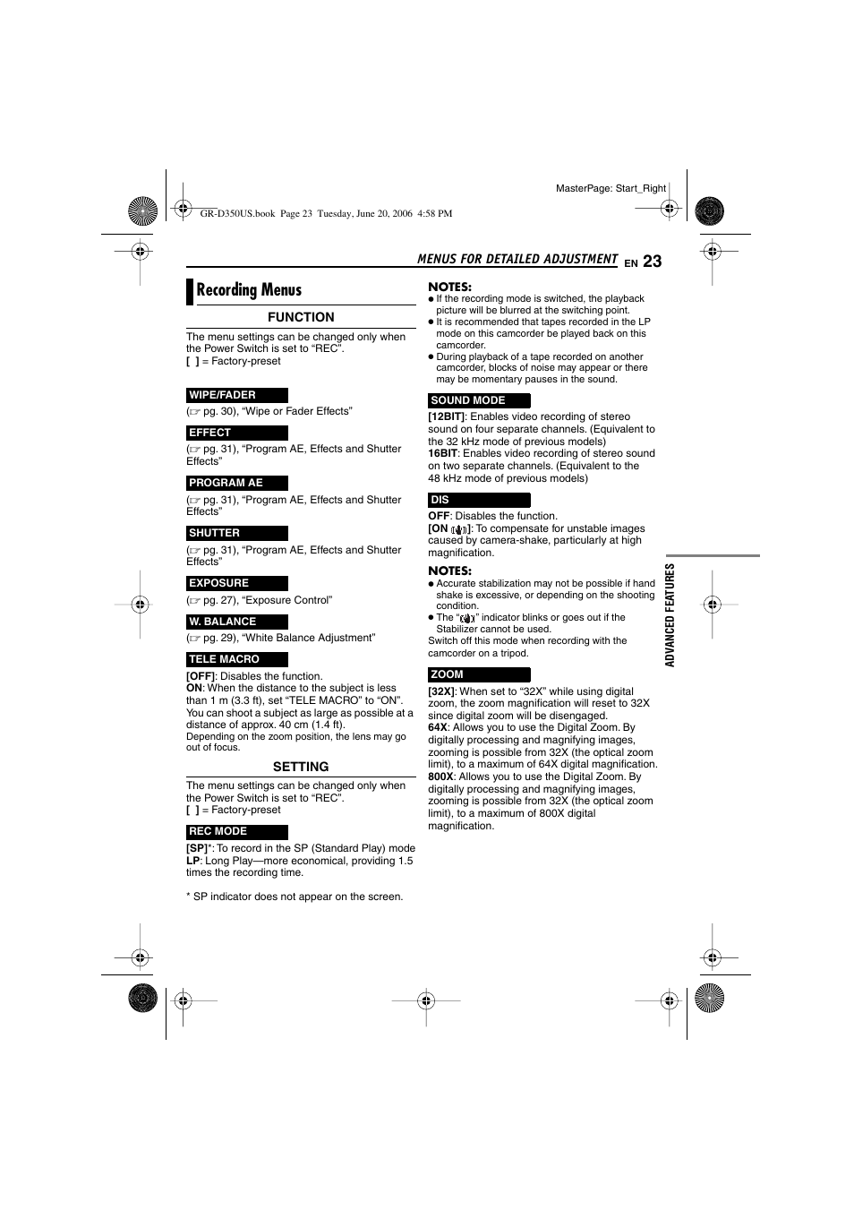 Recording menus, Pg. 23) (appears f, Pg. 23) | Ape speed (sp/lp), Pg. 23) (only lp, Sound mode indicator, Pg. 23, 25), Pg. 23 | JVC GR-D350U User Manual | Page 23 / 88