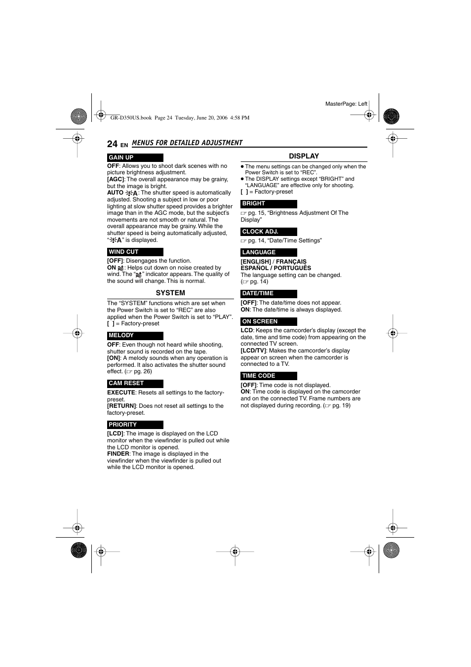 Gain up mode, Pg. 24), Wind cut indicator | Time code, Pg. 24, 25) | JVC GR-D350U User Manual | Page 24 / 88