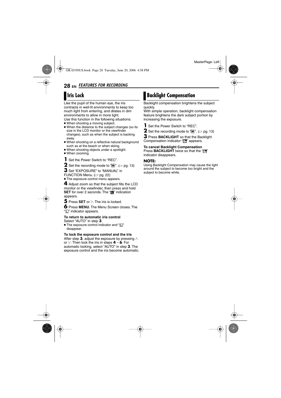 Iris lock, Backlight compensation, Pg. 28) | 28 backlight compensation, Cklight, K indicator, Iris lock backlight compensation | JVC GR-D350U User Manual | Page 28 / 88