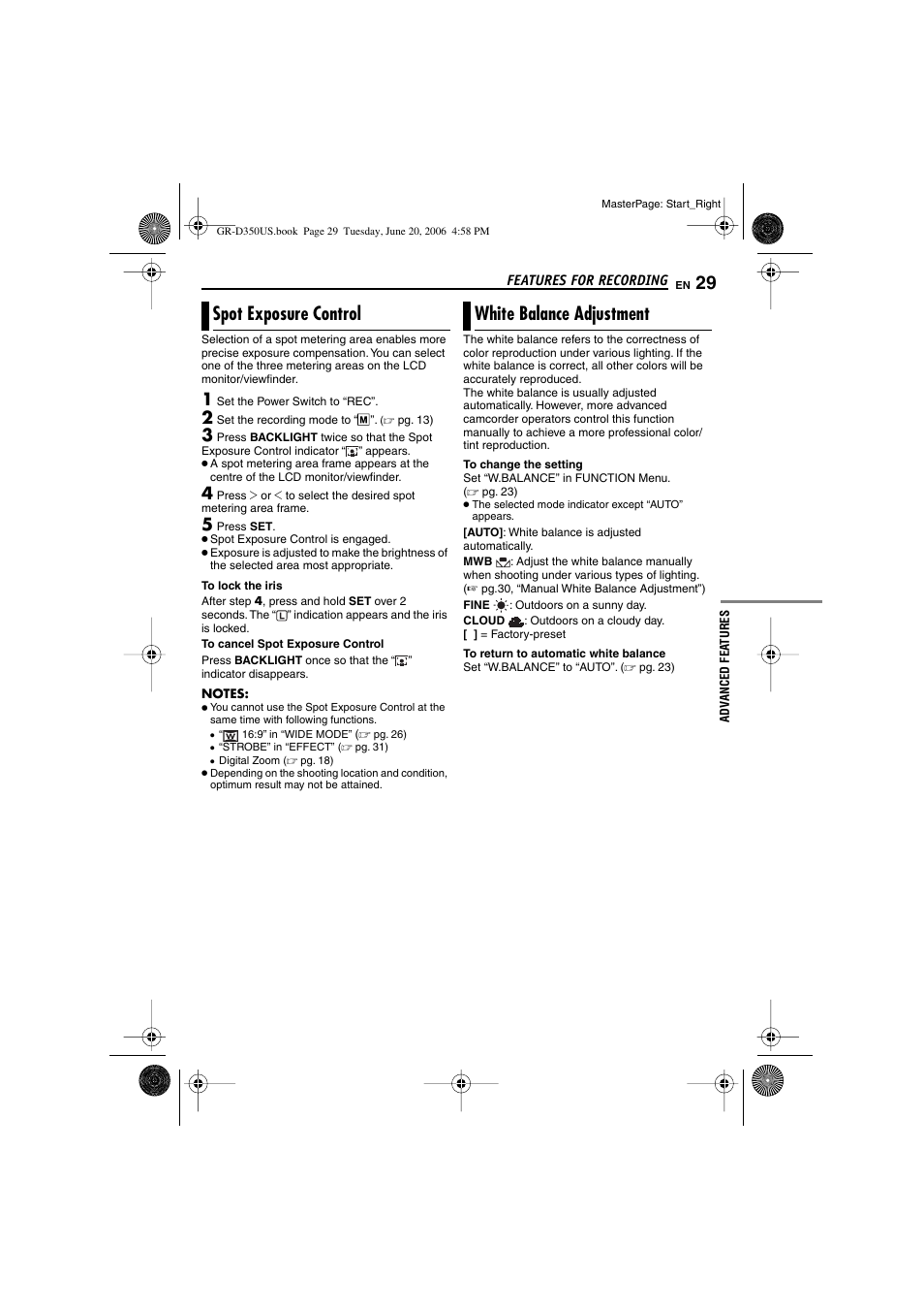 Spot exposure control, White balance adjustment, 29 white balance adjustment | White balance indicator, Pg. 29), Spot exposure control white balance adjustment | JVC GR-D350U User Manual | Page 29 / 88