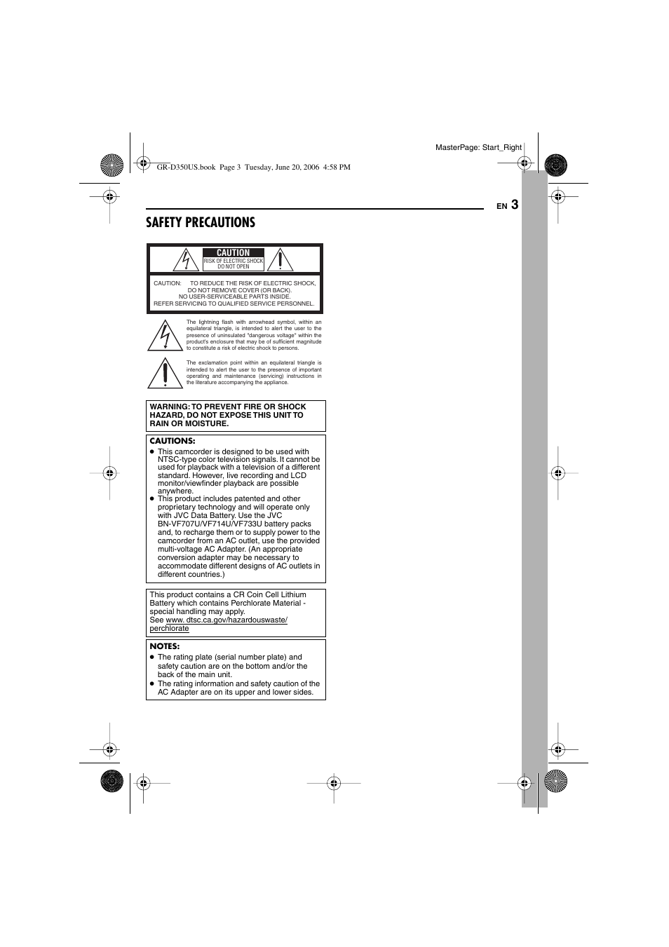 Safety precautions | JVC GR-D350U User Manual | Page 3 / 88