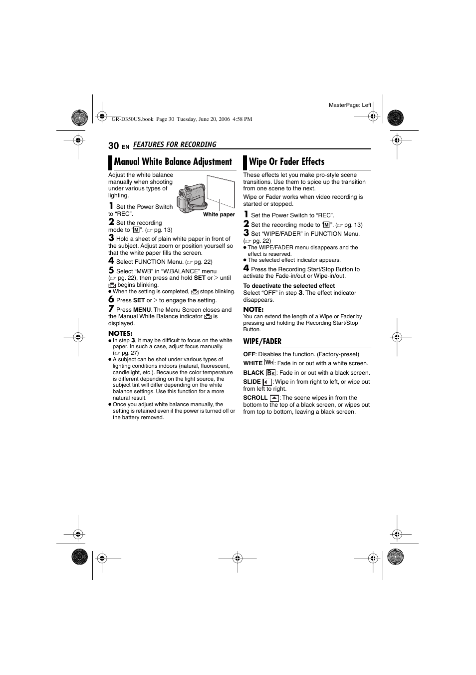 Manual white balance adjustment, Wipe or fader effects, Wipe/fader | Pg. 30), 30 wipe or fader effects, Ader mode indicator, Pg.30, “manual white balance adjustment”) | JVC GR-D350U User Manual | Page 30 / 88