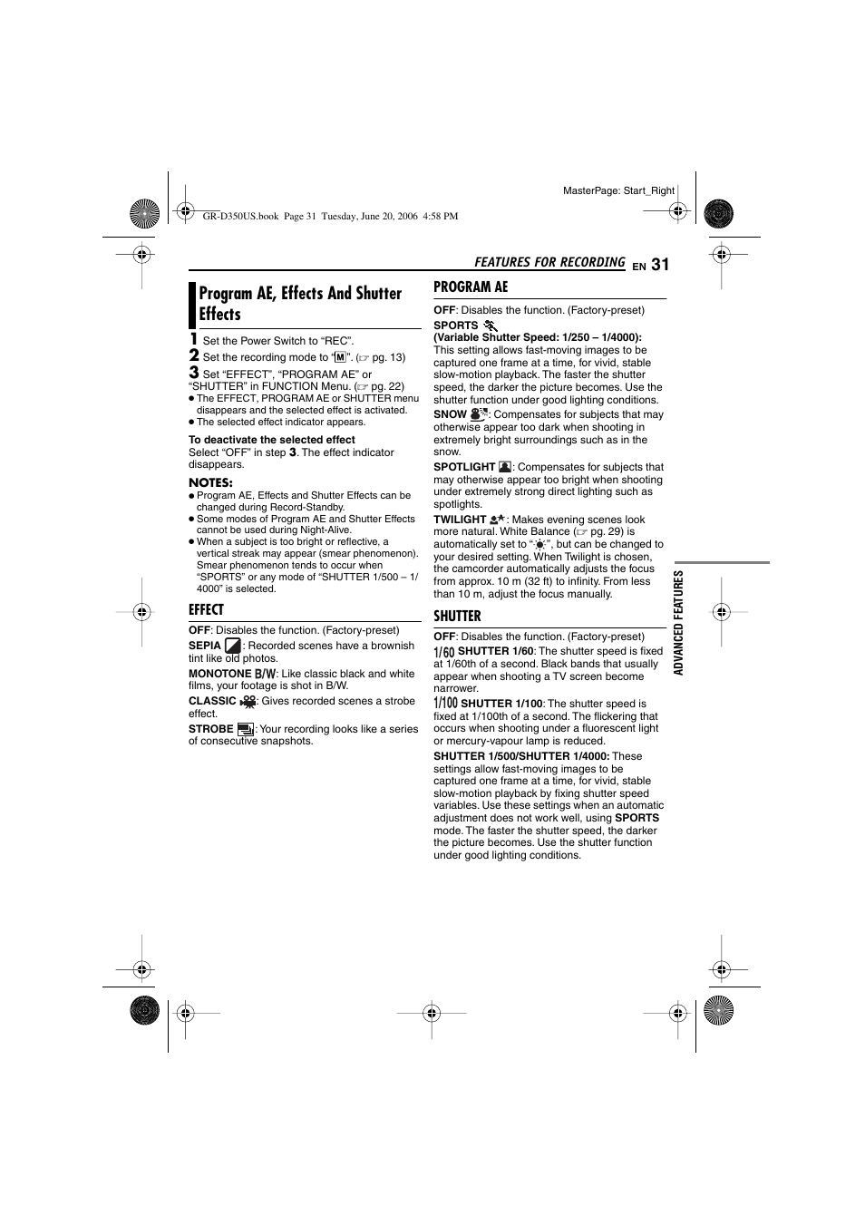 Program ae, effects and shutter effects, Effect, Program ae | Shutter, Pg. 31), Shutter speed, Ect mode indicator, Am ae mode indicator, Pg. 31), or with the | JVC GR-D350U User Manual | Page 31 / 88