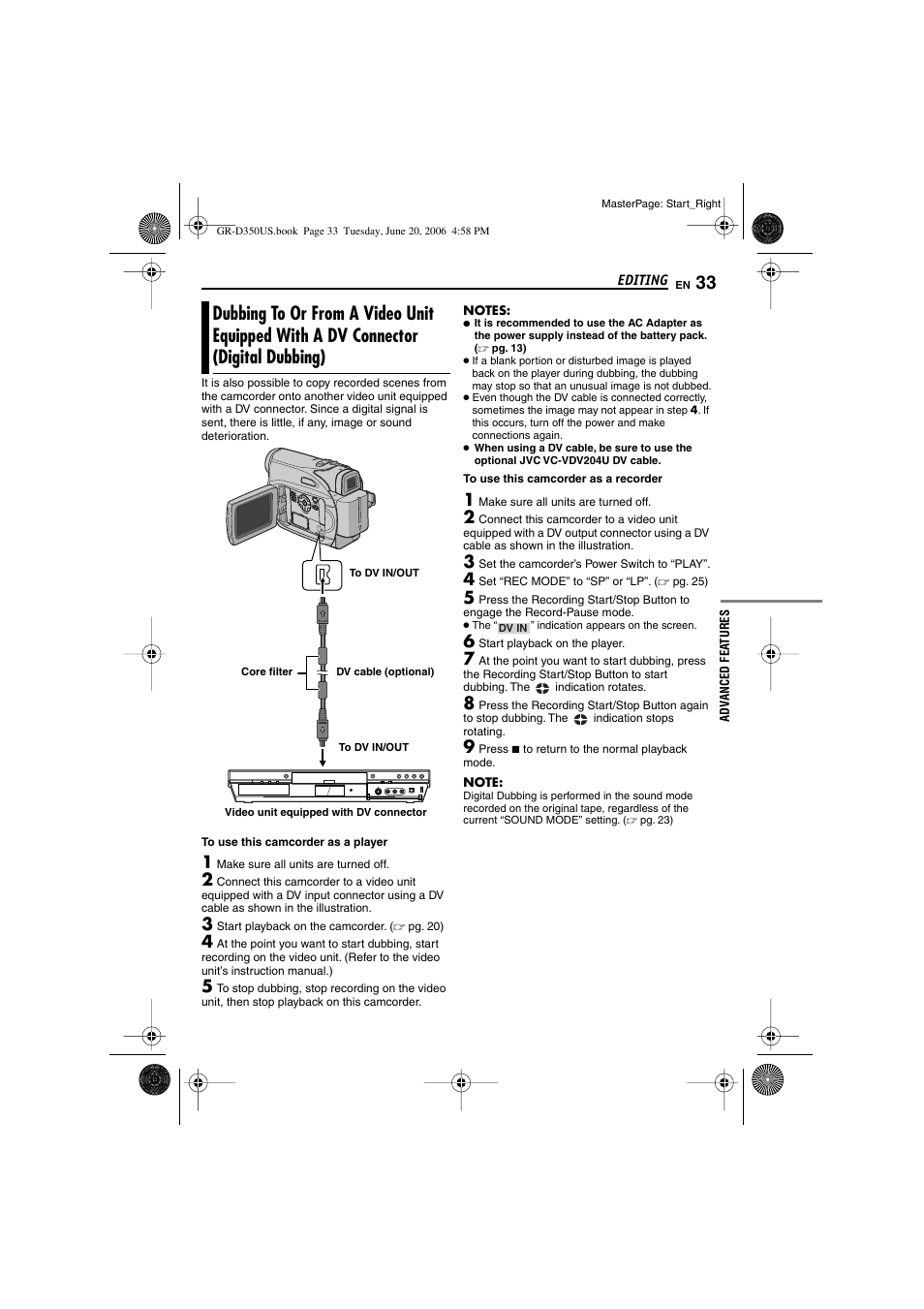 Dubbing to or from a video unit equipped with, A dv connector (digital dubbing), Pg. 33, 34) | JVC GR-D350U User Manual | Page 33 / 88