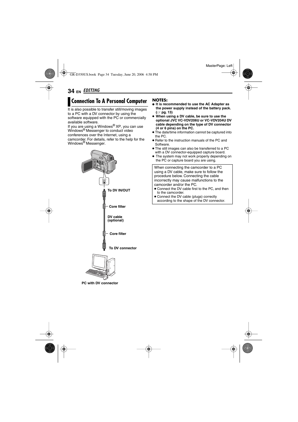 Connection to a personal computer | JVC GR-D350U User Manual | Page 34 / 88