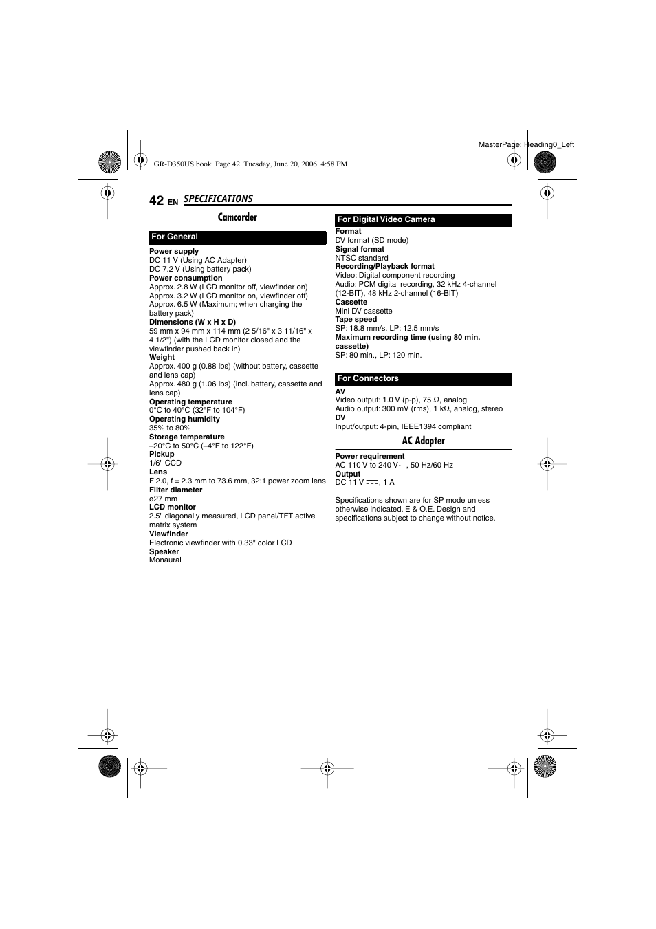 Specifications, Camcorder, Ac adapter | JVC GR-D350U User Manual | Page 42 / 88
