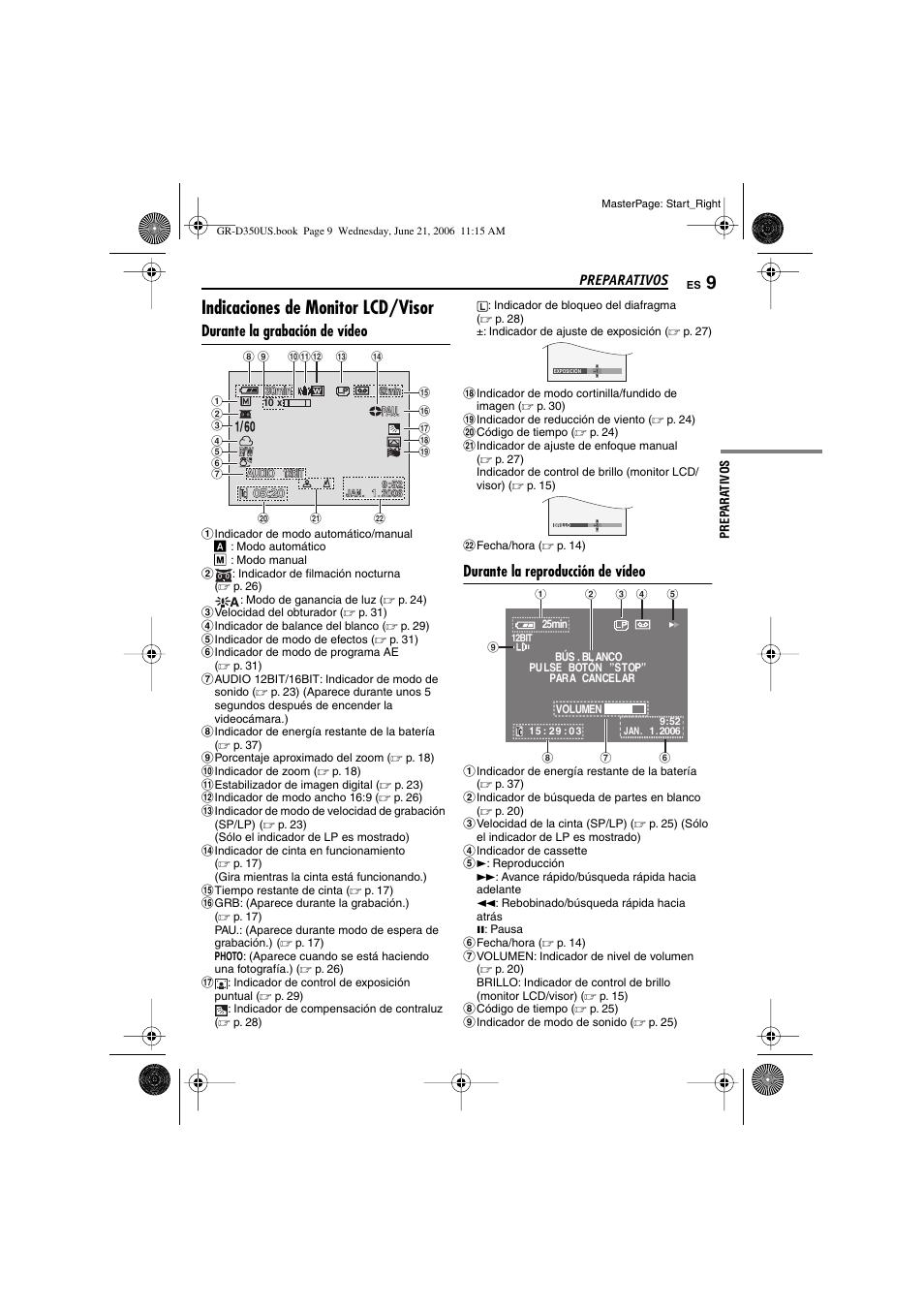 Indicaciones de monitor lcd/visor, Durante la grabación de vídeo, Durante la reproducción de vídeo | JVC GR-D350U User Manual | Page 53 / 88