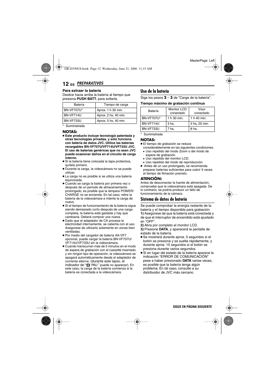 Uso de la batería, Sistema de datos de batería, P. 12) | A de batería (੬ p. 12), Preparativos | JVC GR-D350U User Manual | Page 56 / 88