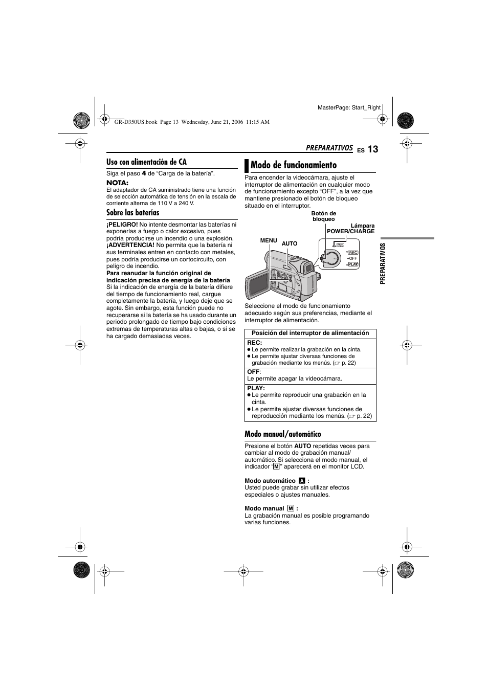 Uso con alimentación de ca, Sobre las baterías, Modo de funcionamiento | Modo manual/automático, P. 13), Loqueo | JVC GR-D350U User Manual | Page 57 / 88