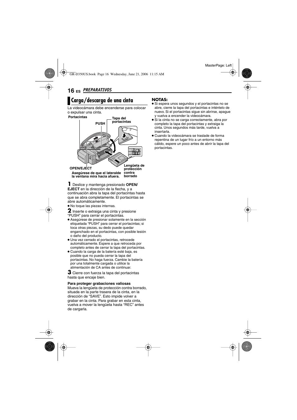 Carga/descarga de una cinta, Eject, P. 16) | Tacintas (੬ p. 16) | JVC GR-D350U User Manual | Page 60 / 88