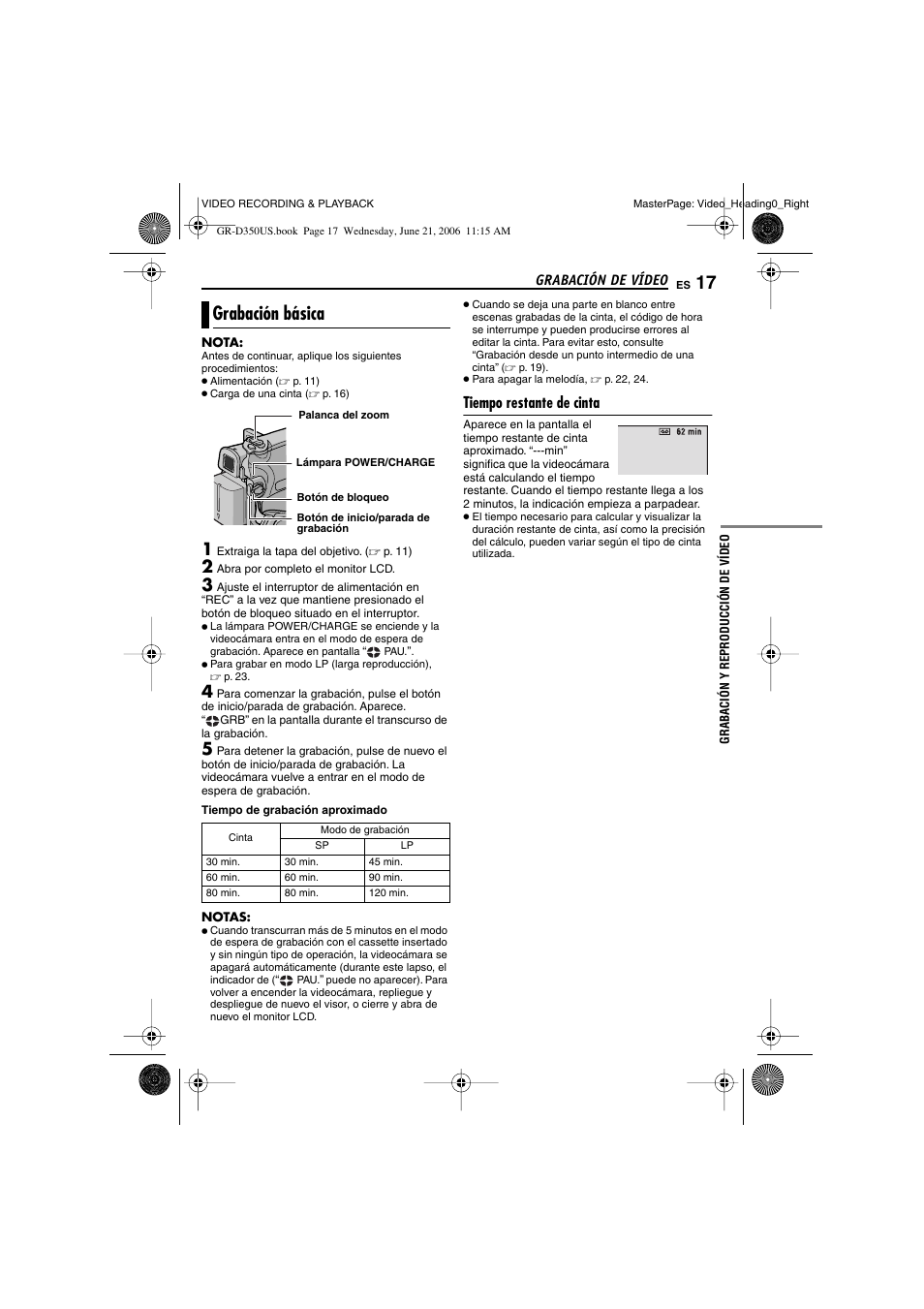 Grabación de vídeo, Grabación básica, Tiempo restante de cinta | P. 17), Abación.) | JVC GR-D350U User Manual | Page 61 / 88