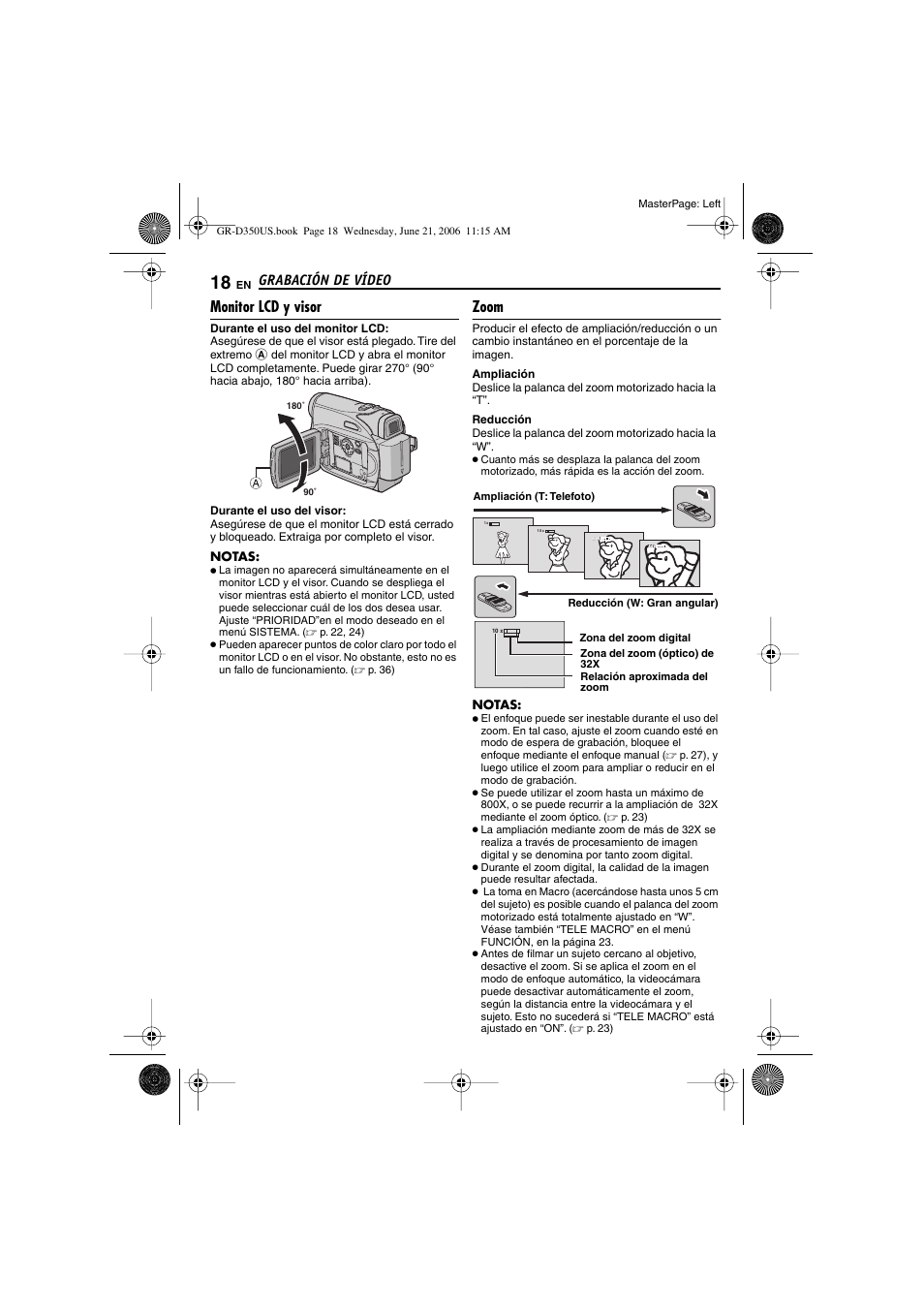 Monitor lcd y visor, Zoom, 18 zoom | Izado [t/w, P. 18), Monitor lcd (੬ p. 18, 19), Grabación de vídeo | JVC GR-D350U User Manual | Page 62 / 88