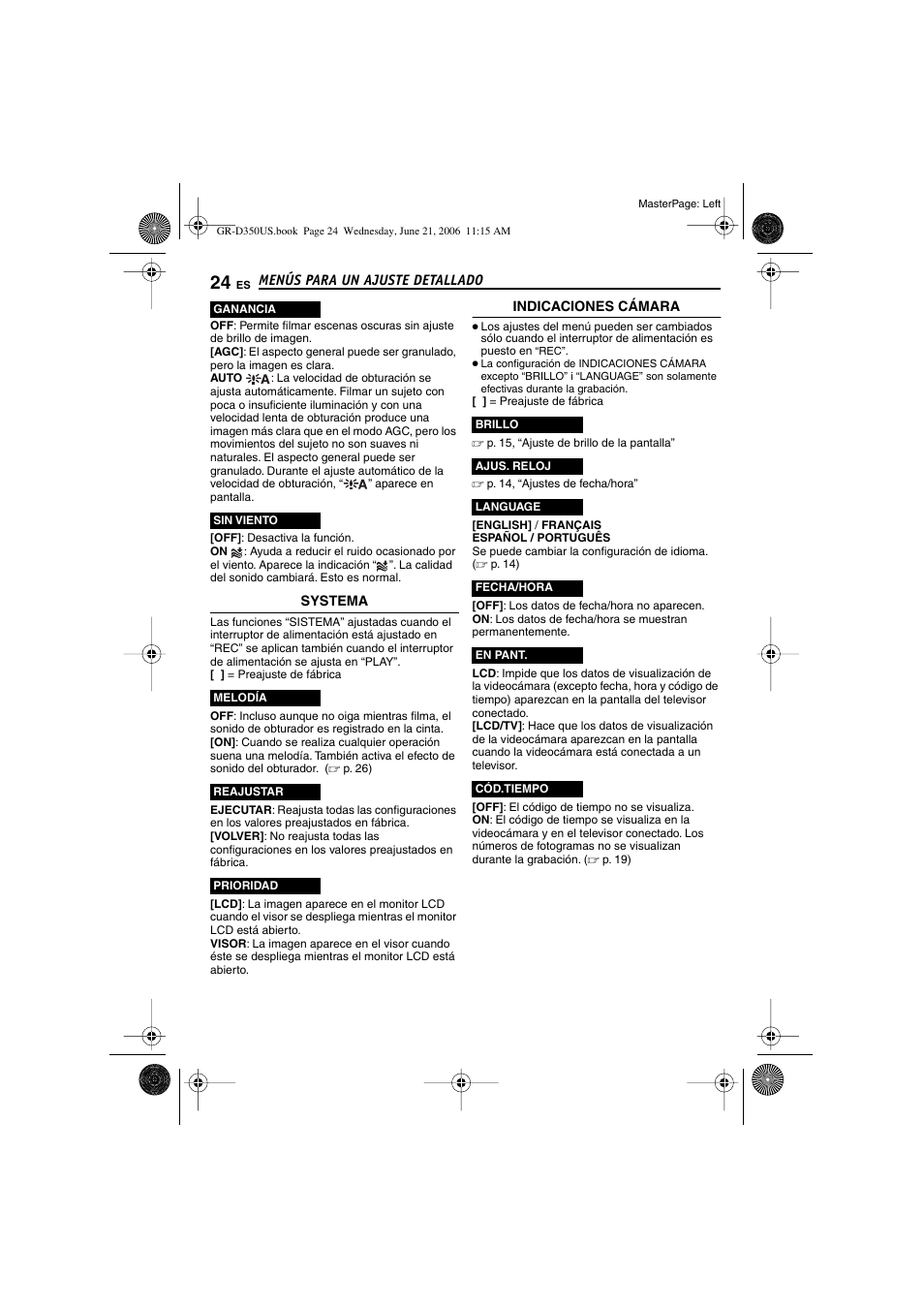 Modo de ganancia de luz, P. 24), Indicador de reducción de viento | Código de tiempo, Systema, Mara | JVC GR-D350U User Manual | Page 68 / 88