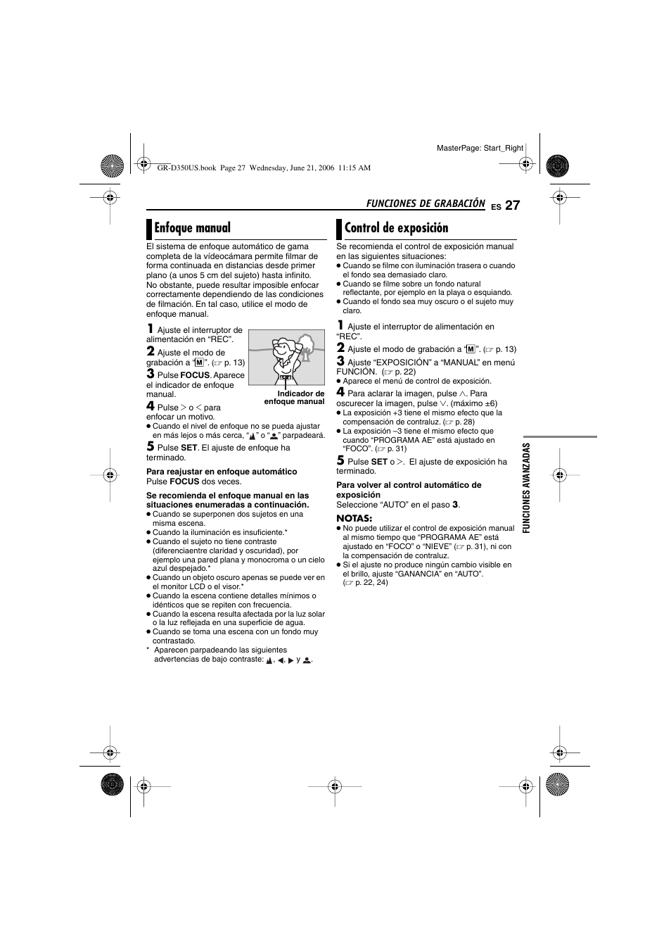 Enfoque manual, Control de exposición, P. 27, control de exposición) | 27 control de exposición, Ual [focus, P. 27), Xposición, P. 27), “control de exposición | JVC GR-D350U User Manual | Page 71 / 88