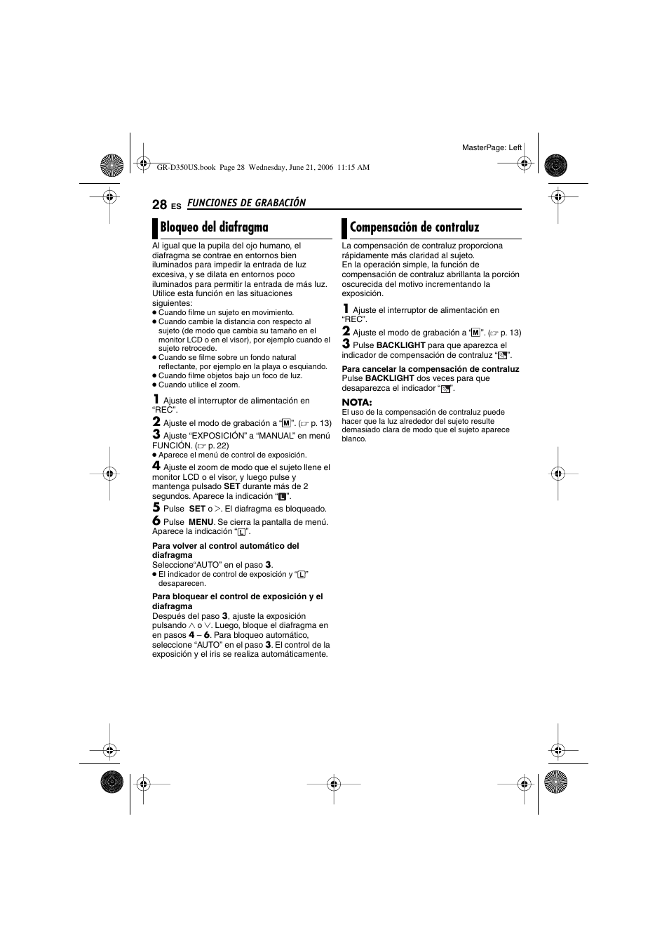 Bloqueo del diafragma, Compensación de contraluz, P. 28) | 28 compensación de contraluz, Cklight, Bloqueo del diafragma compensación de contraluz | JVC GR-D350U User Manual | Page 72 / 88