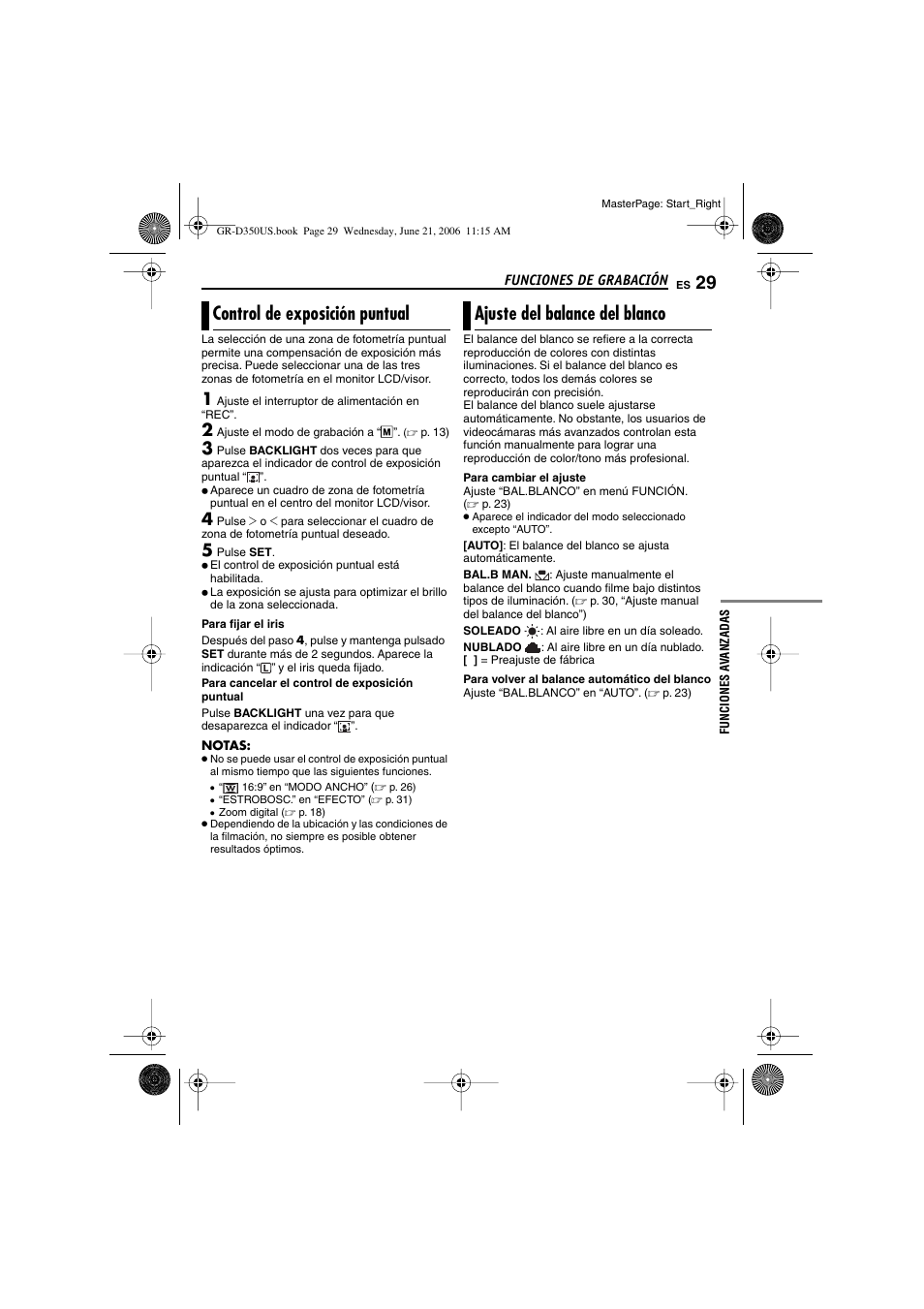 Control de exposición puntual, Ajuste del balance del blanco, 29 ajuste del balance del blanco | Lanco, P. 29), Puntual, P. 29), “ajuste del balance del blanco | JVC GR-D350U User Manual | Page 73 / 88