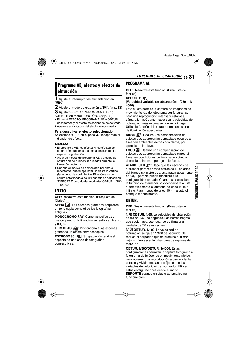 Programa ae, efectos y efectos de obturación, Efecto, Programa ae | Obtur, P. 31), Ador, Ectos, P. 31), “programa ae, efectos y efectos de, Obturación, P. 31), ni con | JVC GR-D350U User Manual | Page 75 / 88