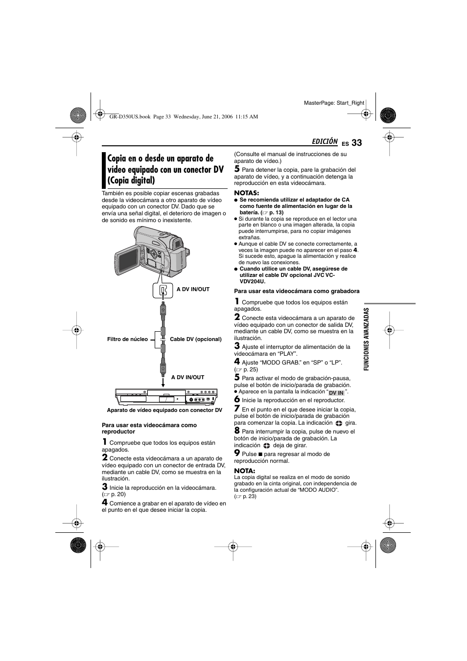 Copia en o desde un aparato de vídeo equipado, Con un conector dv (copia digital), I.link*) | P. 33, 34) | JVC GR-D350U User Manual | Page 77 / 88